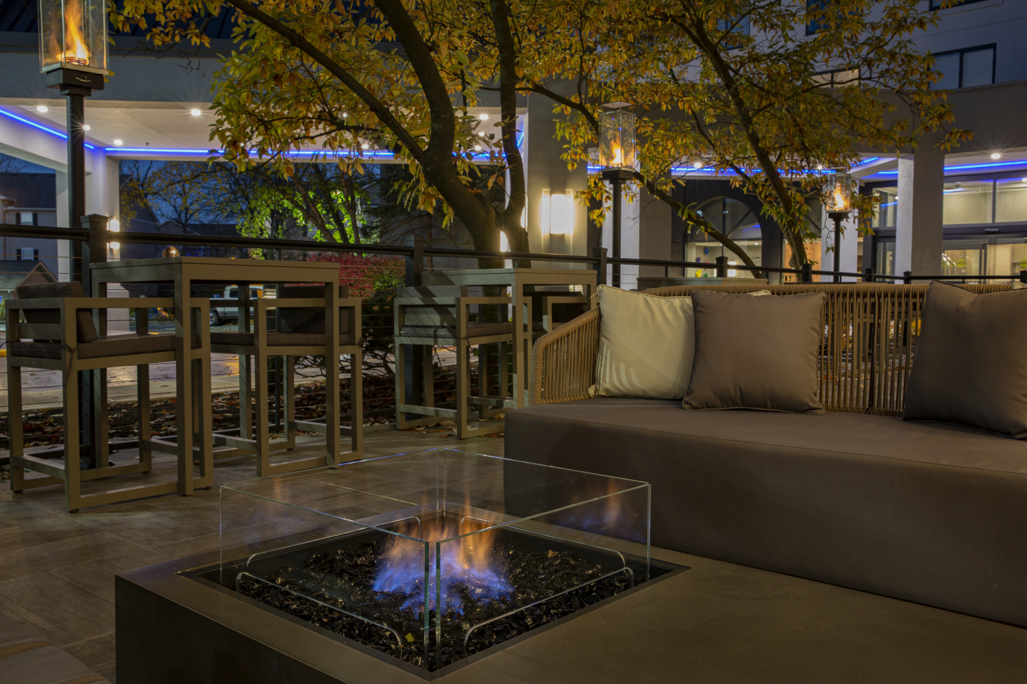 hotel patio with fire table
